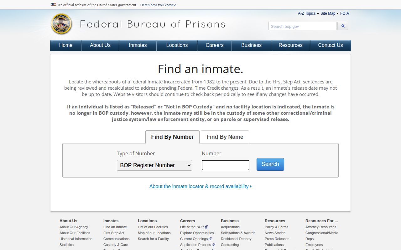 Federal Bureau of Prisons release locator for a Bossier Parish federal custody check